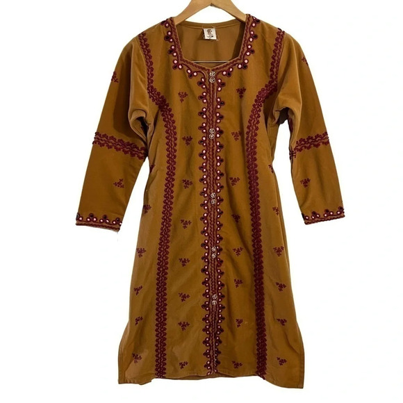 In Style Garments Dress Mustard Yellow Brown Indian Embroidered Beaded Slit Side - Picture 1 of 12